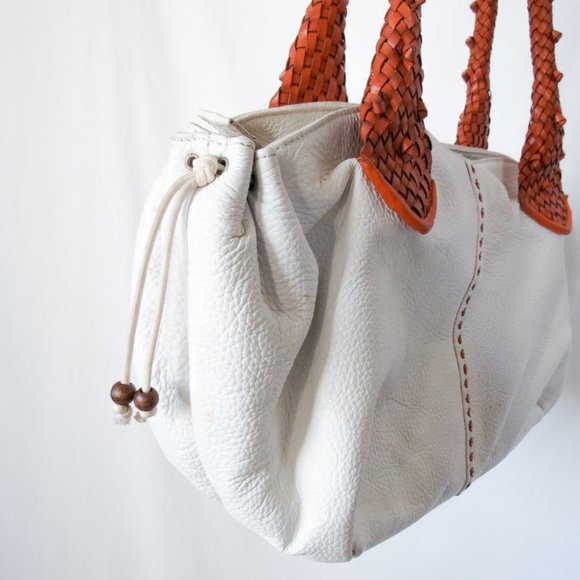 PAOLO MASI Italian Two-Tone Leather Braided Handle Pebbled White Leather/ Large - Picture 6 of 14